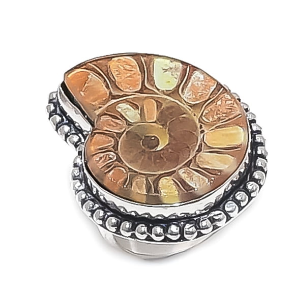 Natural Ammonite Fossil Gemstone 925 Sterling Silver Jewelry Ring Size 7
