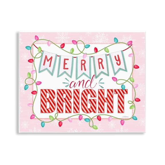 Stupell Industries Pastel Pink Merry & Bright Wall Plaque Art design by Nicole Tamarin, 11 x 14