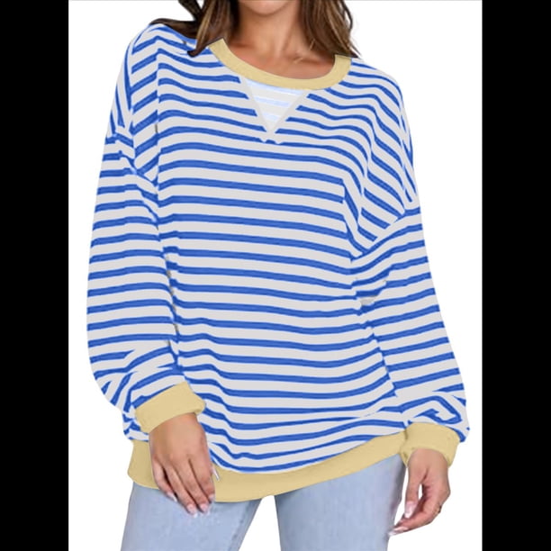 Sudaderas A Rayas para Mujer, Camisetas de Larga con Cuello Redondo de Gran Tamaño, Jersey Y2K, Ropa de Moda de Otoño Azul XL