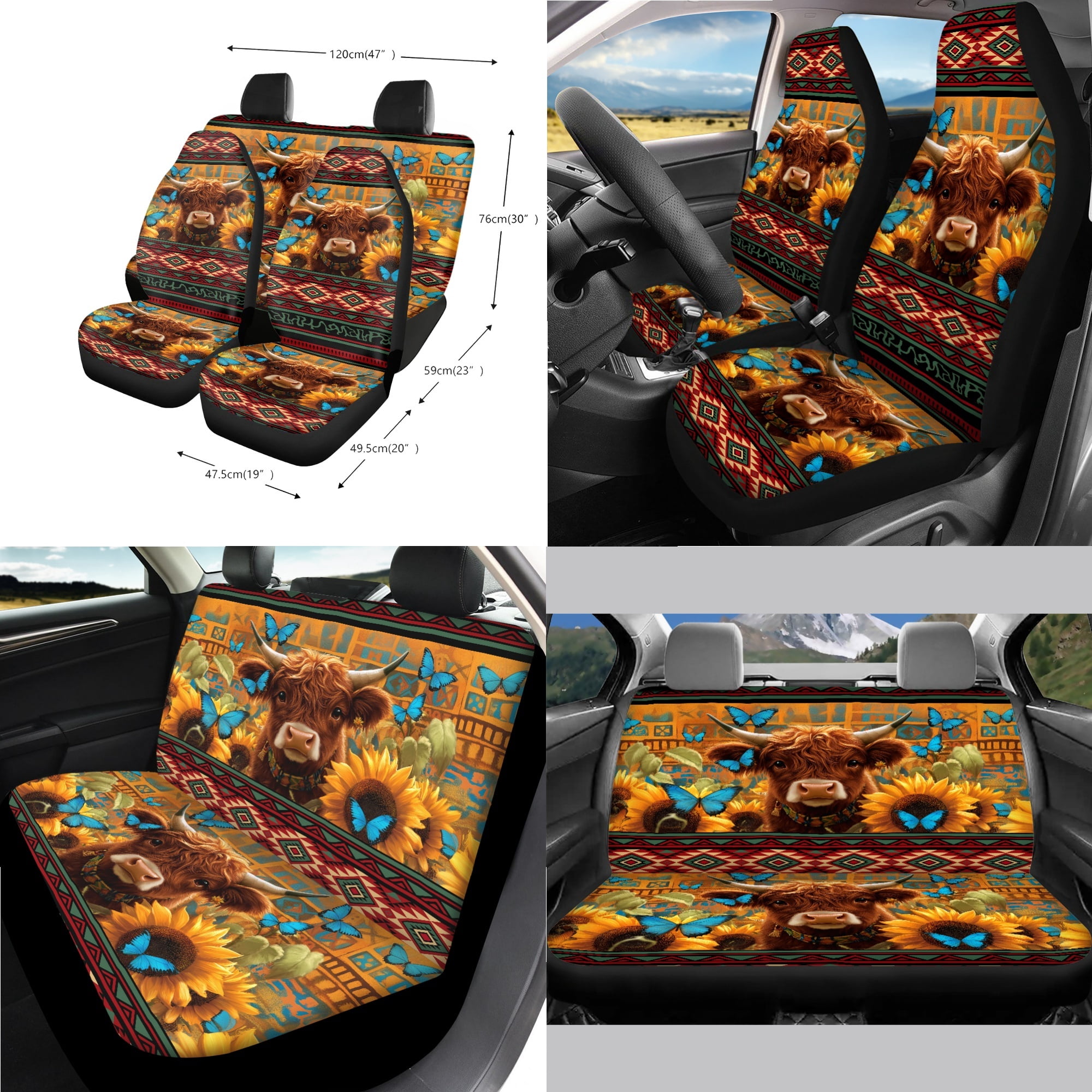 Renewold American Tribal Highland Cow 14 Pack Car Accessories, Auto Seat Protector Steering Wheel Cover Seatbelt Strap Pad Trash Can Armrest Pad Cup Holders Rearview Mirror Handbrake Cover Set