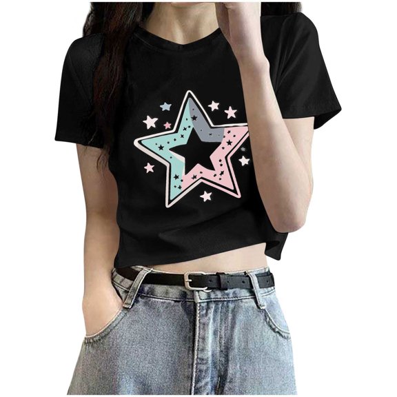 Rezuofi 1 Pcs Cowgirl Shirt Women Embroidery Western Outfits PU Leather Star Graphic Tees Short Sleeve Tops