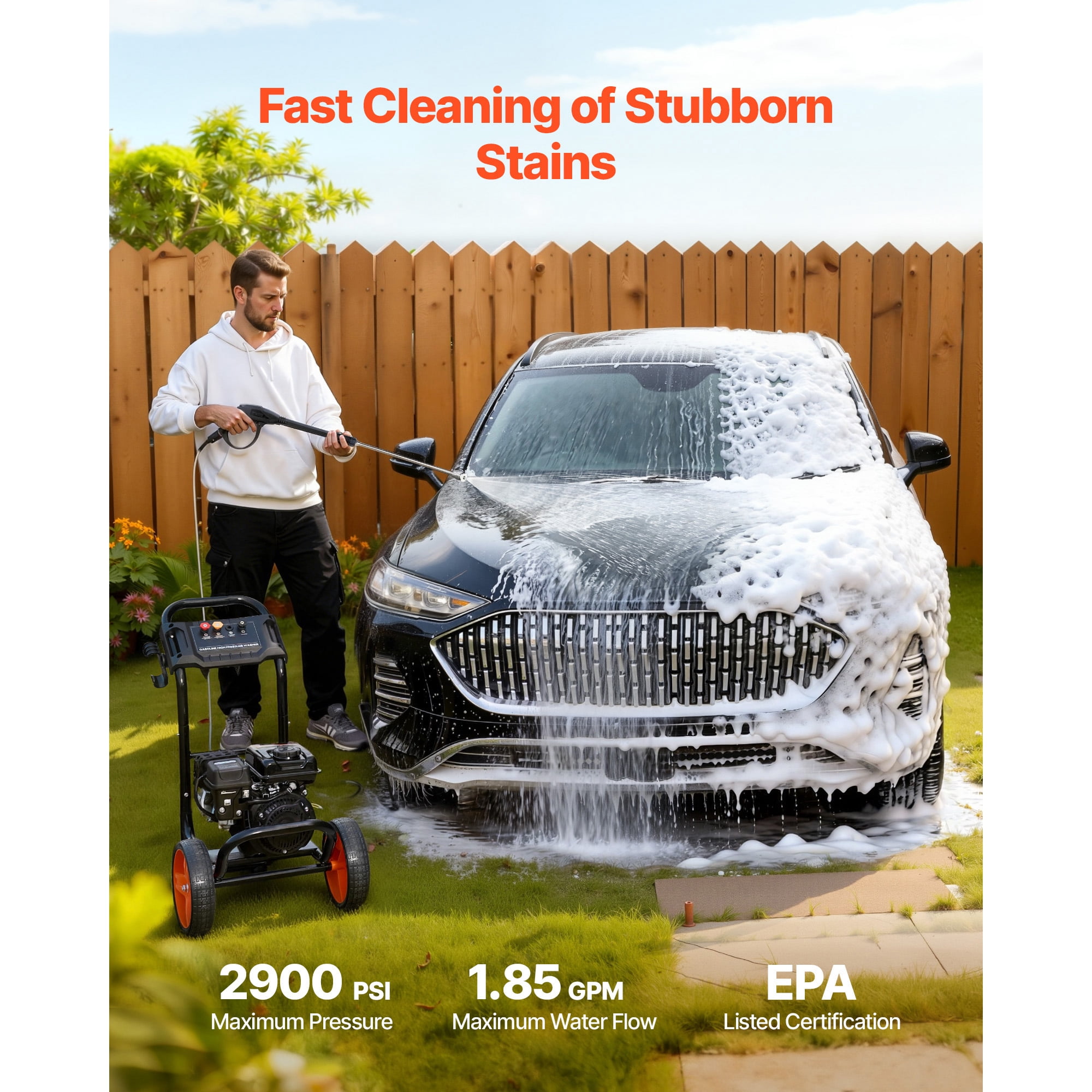 KFFKFF Gas Pressure Washer 2900 PSI, 1.85 GPM Max, Aluminum Pump with Spray Gun, Wand, 4 Nozzles, Compact Power Washer for Cars, Fences, Driveways, Homes, Patios, and Furniture