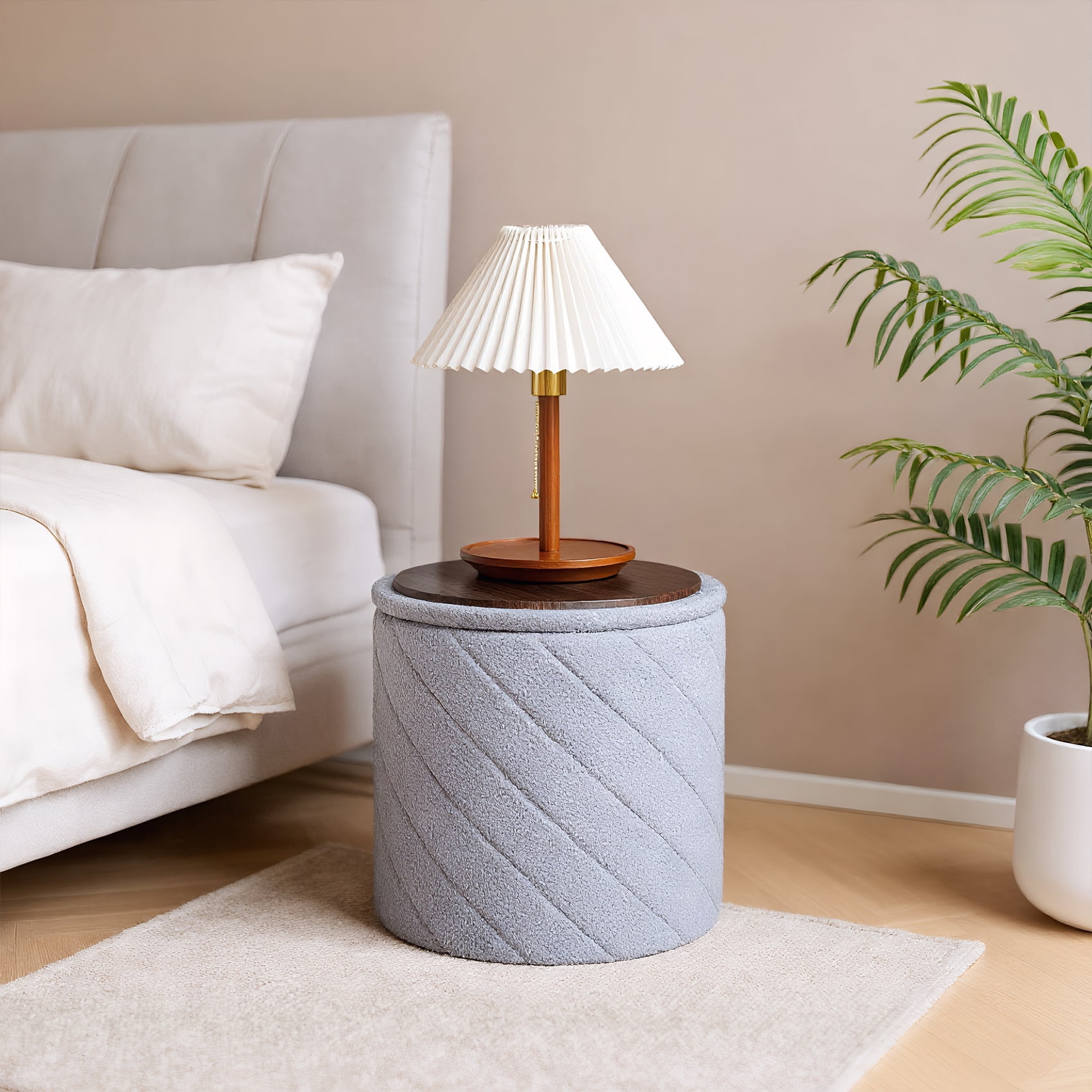 PINPLUS 16.9" Storage Ottoman with Tray Collapsible Foot Rest Stool Seat for Living Room Grey,Sherpa Fabric