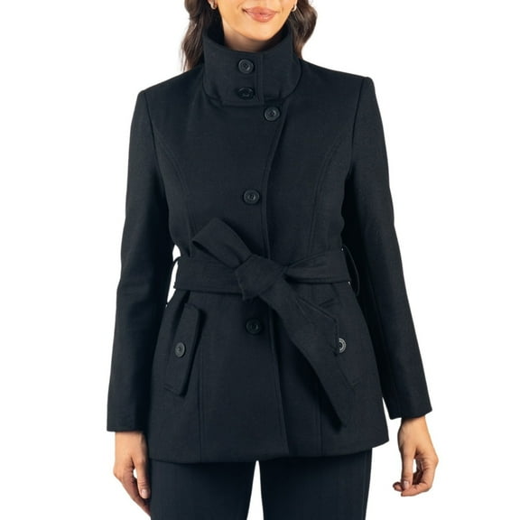 Alpine Swiss Bella Womens Belted Blazer Button Up Wool Coat Funnel Neck Jacket