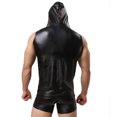 thumbnail image 2 of Men Leather Hooded T-shirt, Shiny Soft Leather, Sleeveless, Male Shaping Tank Vest, 2 of 7