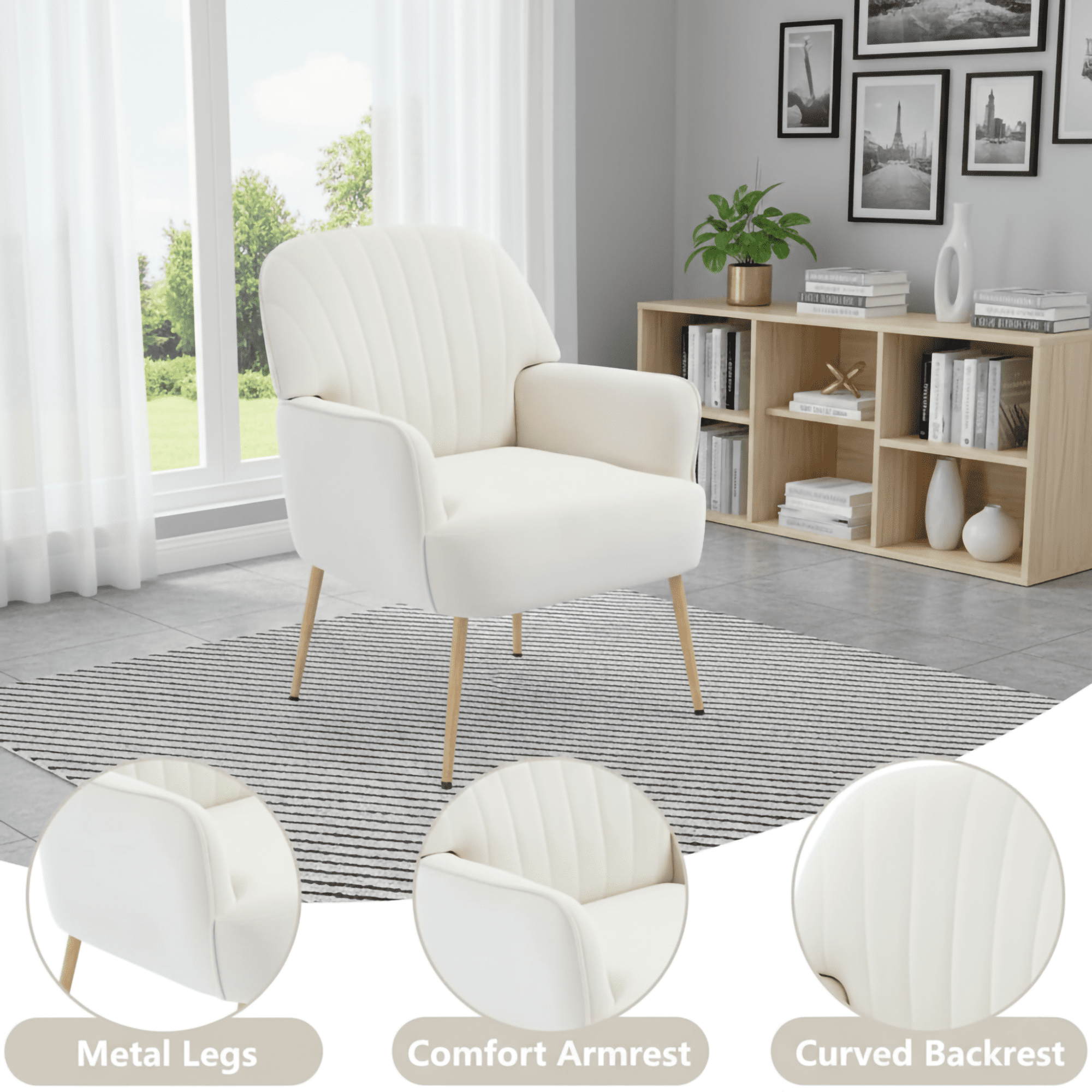 Modern Accent Chair with Velvet Fabric, Soft Ergonomic Upholstered Armchair Comfy Single Sofa Lounge Chair for Living Room, Apartment, Office,Beige