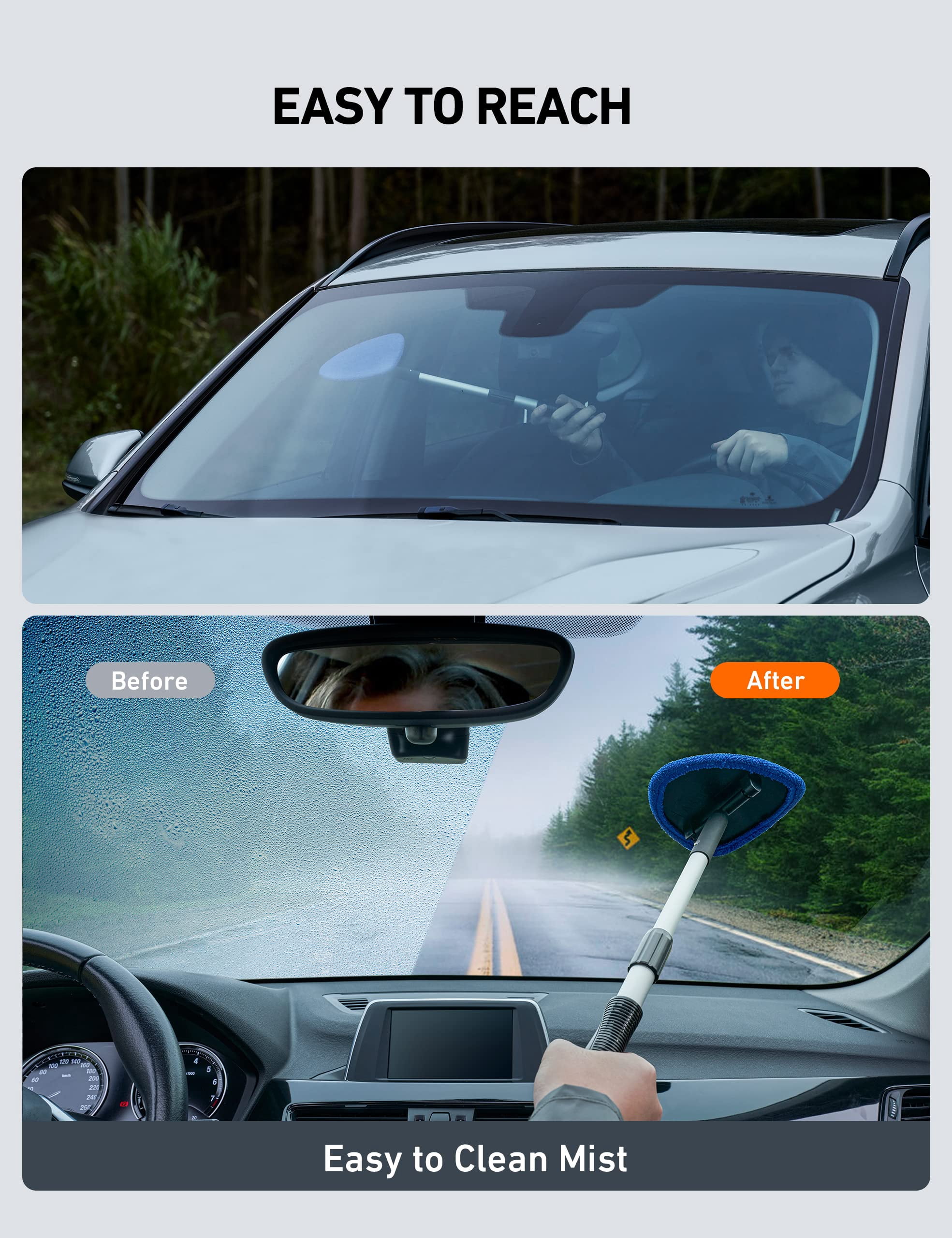 DIYMAG 2 Pack Auto Windshield Cleaning Tools, Extendable Handle Car Window Cleaner with Reusable Microfiber Pads and Water Spray Bottles Auto Inside Glass Wiper Kit (Blue)