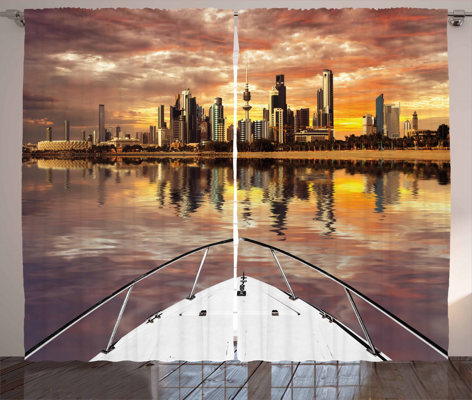Travel Curtains 2 Panels Set, Kuwait City Skyline From Sailboat