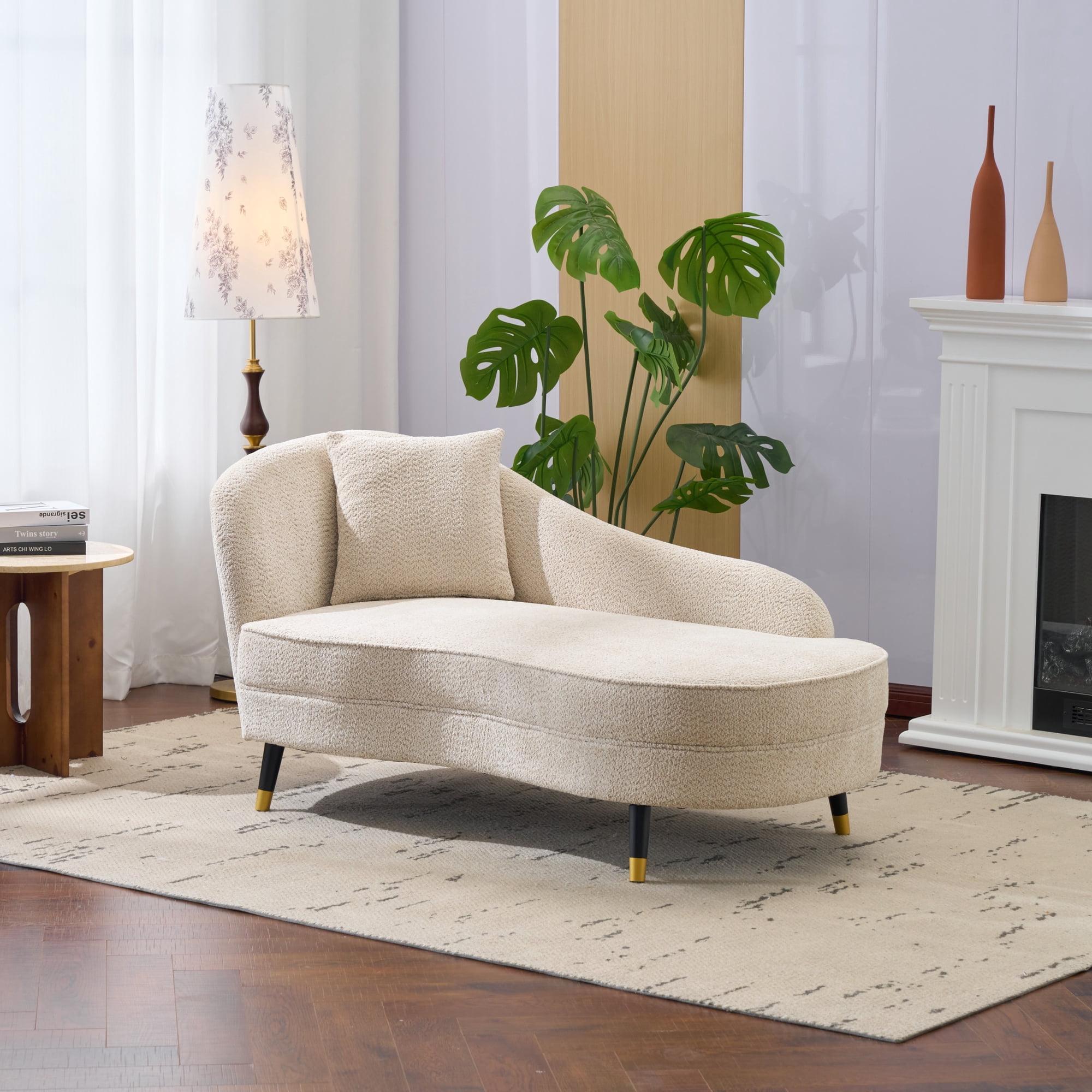 Christopher Knight Home 61 Mid-Century Boucle Curved Chaise Lounge Sofa for Bedroom Living Room Beige