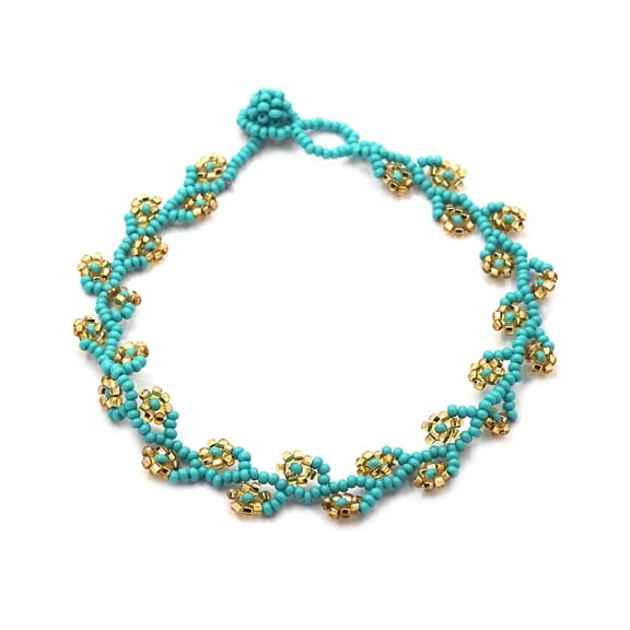 Czech Glass Seed Bead Floral Vine Flower Anklet - Womens Fashion Handmade Beadwork Jewelry Boho Accessories