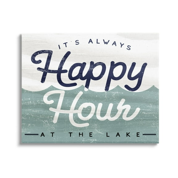 Stupell Industries Always Happy Hour Vintage Lake House Wave Signage Canvas Wall Art, 40 x 30, Design by Lil' Rue