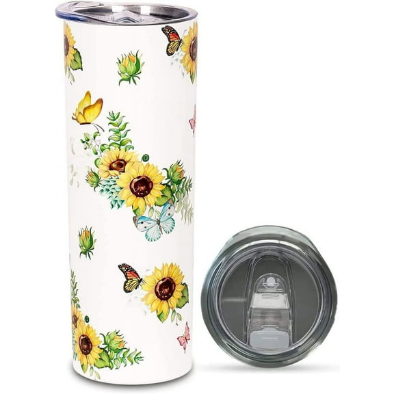 20oz Sunflower Tumbler, Insulated Stainless Steel Skinny Coffee Tumbler Cup with Lid Butterfly, Sweat Proof Sunflower Gift Cup for Women Man