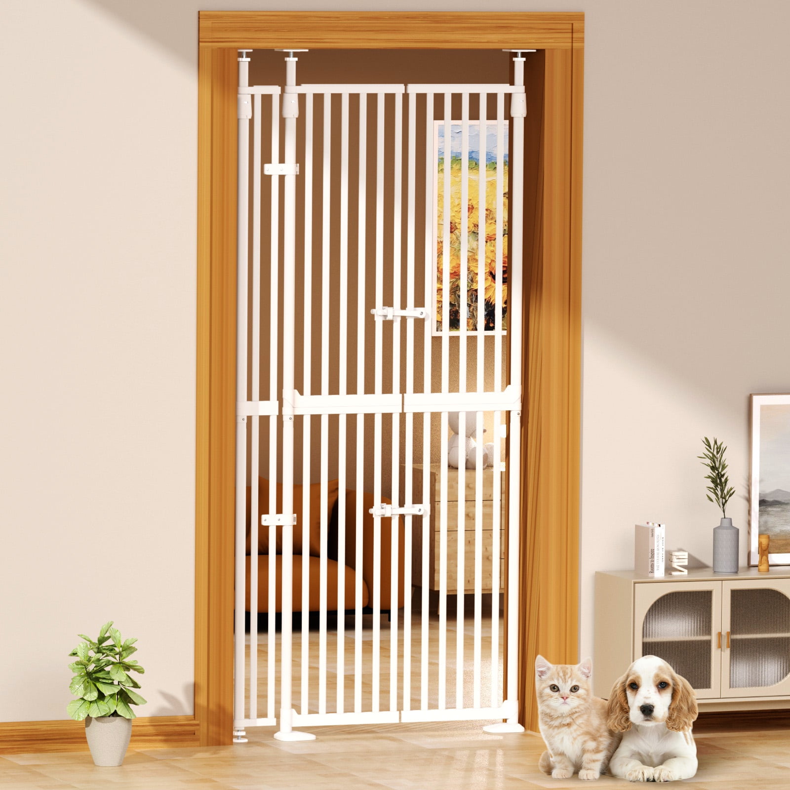 XJD 71" Extra Tall Cat Gate – Fits 30.31"-38.2" Wide Openings, Auto-Close, Narrow 1.37" Gaps, No-Drill Pressure Mount, Double Opening Design Pet Gate, White