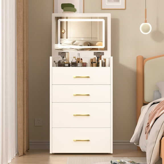 New 3 in 1 Vanity Desk with open Top Mirror,Small Make Up Vanity Set with Visible Glass Desktop,Compact Makeup Vanity with 3 Drawers,Dressing Table for Bedroom