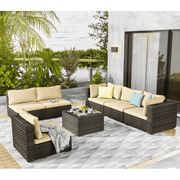 Grezone 7 Pieces Patio Furniture Set, All Weather Outdoor Sectional PE Rattan, Patio Conversation Sets with Cushions and Glass Coffee Table for Garden Lawn Balcony Porch Deck, Beige