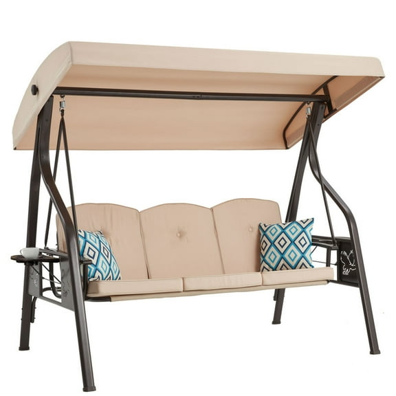 zzw 3-Seat Steel Canopy Porch Swing with Stand, Pillows and Cup Holders, Khaki