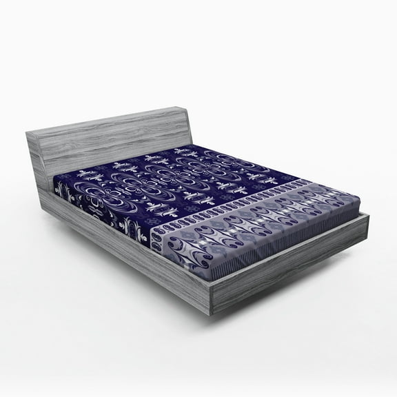 Ambesonne Navy Fitted Sheet, Floral Horizontal, Full Size, Pale Blue Dark Blue