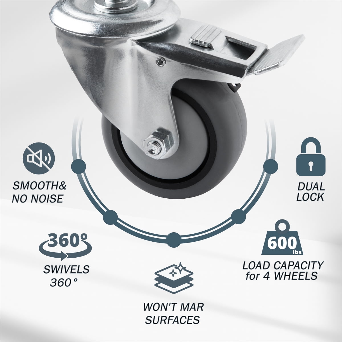 POWERTEC 4PK 3" Threaded Stem Caster Wheels with Brake & 600lbs Loads, Heavy Duty 1/2"-13 x 1-3/8" Stem Casters, Dual Locking TPR Rubber Castor Wheels for Furniture, Cart, Dolly & Workbench, 17201