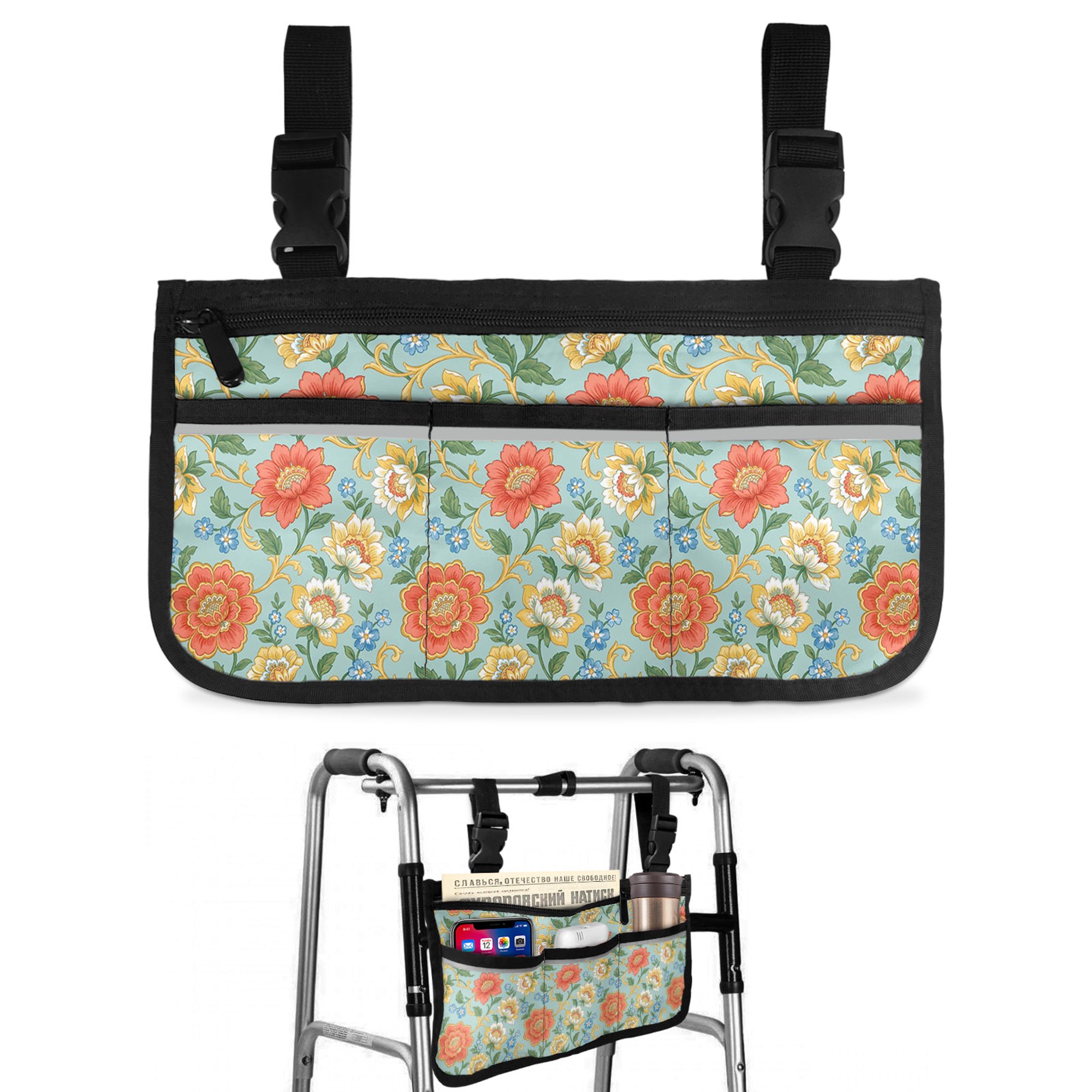 Embroidery Floral Wheelchair Side Bag with Cup Holder, Country Oriental Traditional Flower Red Teal Wheelchair Armrest Bag Storage Pouch Adults, Seniors for Walkers, Rollator, Scooter