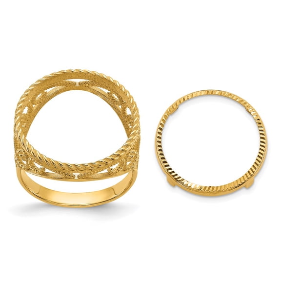 Wideband Distinguished Coin Jewelry 14k Ladies' Polished and Twisted Wire Scroll Design 16.5mm Coin Bezel Ring