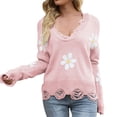thumbnail image 2 of Pink Womens Fall Tops Women's Ripped Long Sleeved Loose Knit Sweater with Small Flower V Neck Pullover Sweaters for Women, 2 of 6