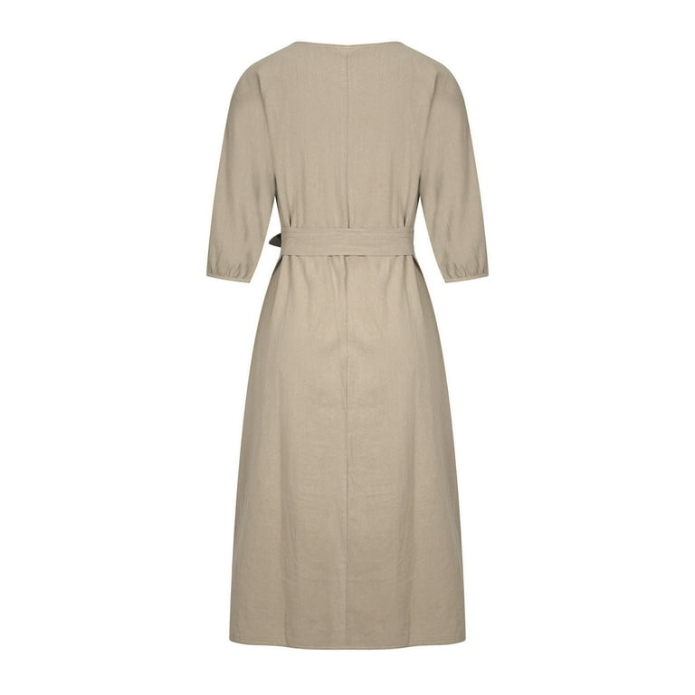 Ladies Dresses Women Elegant Half Sleeve Round Neck Waist Belted Long Dress  Casual Dressy A-Line Midi Dresses to Work Office Linen Solid Color Formal  Dress Pullover - Walmart.com