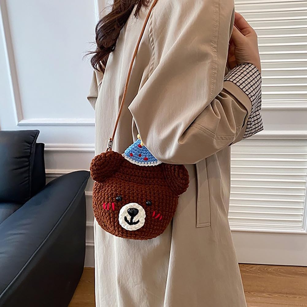 Baguery Handmade Crochet Party Hat Bear Crossbody Bag - Cute Knitted Animal Purse with Metal Frame, Mini Shoulder Bag for Women