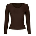 thumbnail image 5 of Aobny V-Neck T Shirts Ribbed Women Brown Long Sleeve Shirts Cotton Fancy Tops for Women,L, 5 of 5