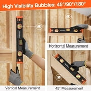 ValueMax 16-inch magnetic torpedo level, Aluminum Body with 3 High-Visibility Vials (45°/90°/180°), Overhead View Window, Rubber Endcaps, for Home & Outdoor Use