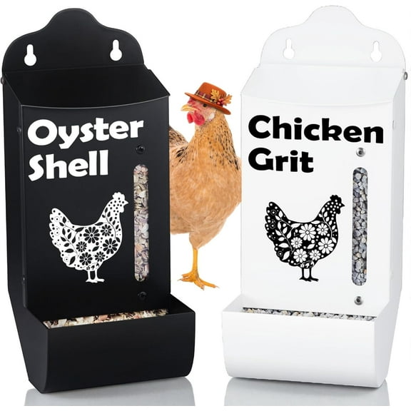 CluckRoots Chicken Grit and Oyster Shell Feeder Combo, No-Spill Weatherproof Heavy-Duty Design, Lift-Off Wall-Mounted Metal Dispenser w/View Window, Chicken Coop Accessories Gifts for Lovers Women