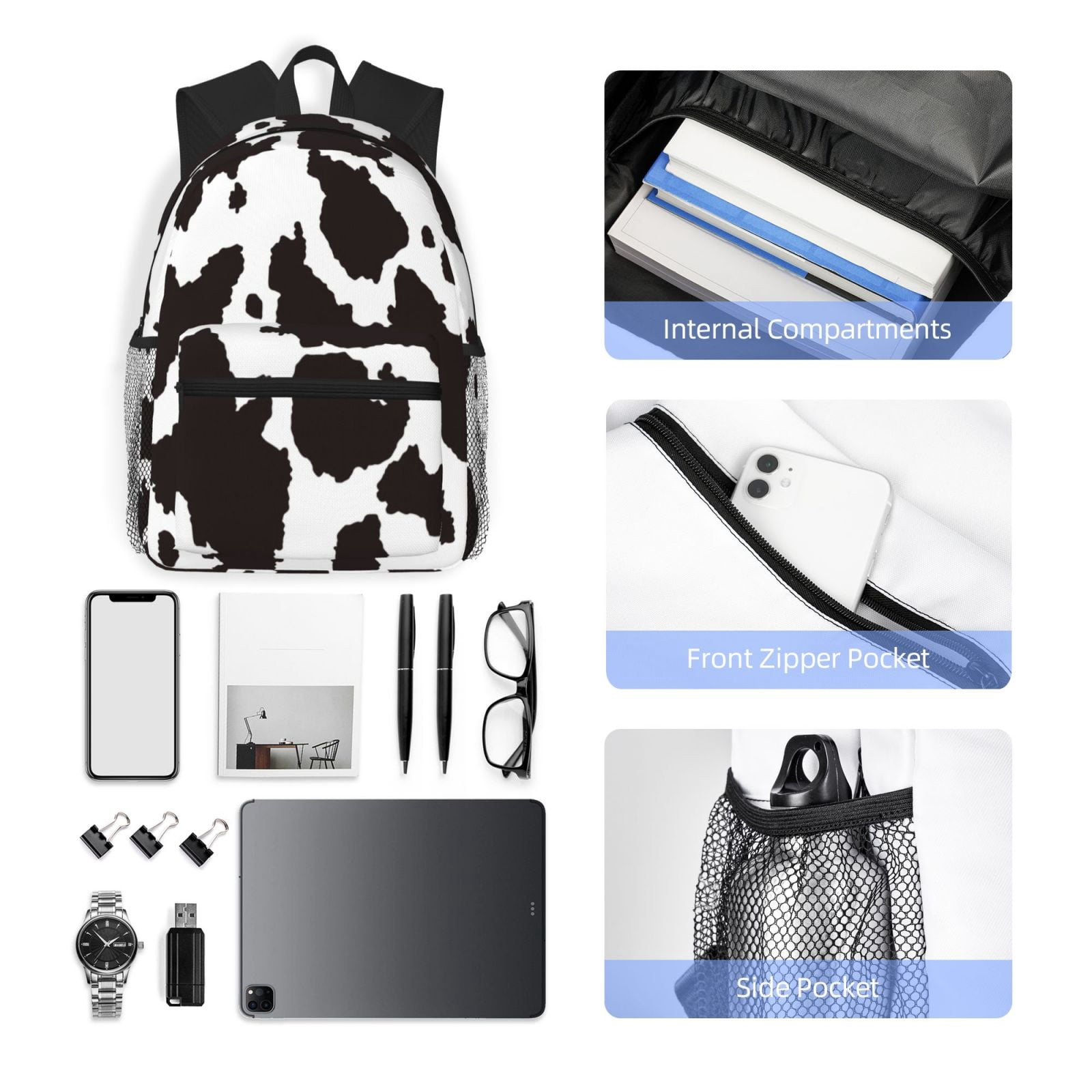 Horeoi Cow Skin 2 Print Casual Backpack for School Work Travel Hiking with Laptop Compartment and Side Pockets Lightweight Design