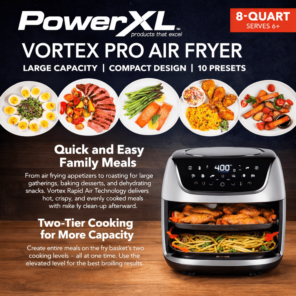 PowerXL Vortex Pro Air Fryer 8qt - 10 Presets, Removable Basket - 1 Basket, Slate