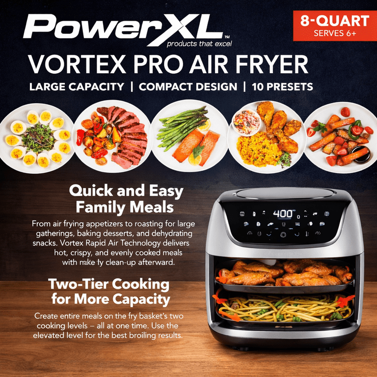 PowerXL Vortex Pro Air Fryer 8qt - 10 Presets, Removable Basket