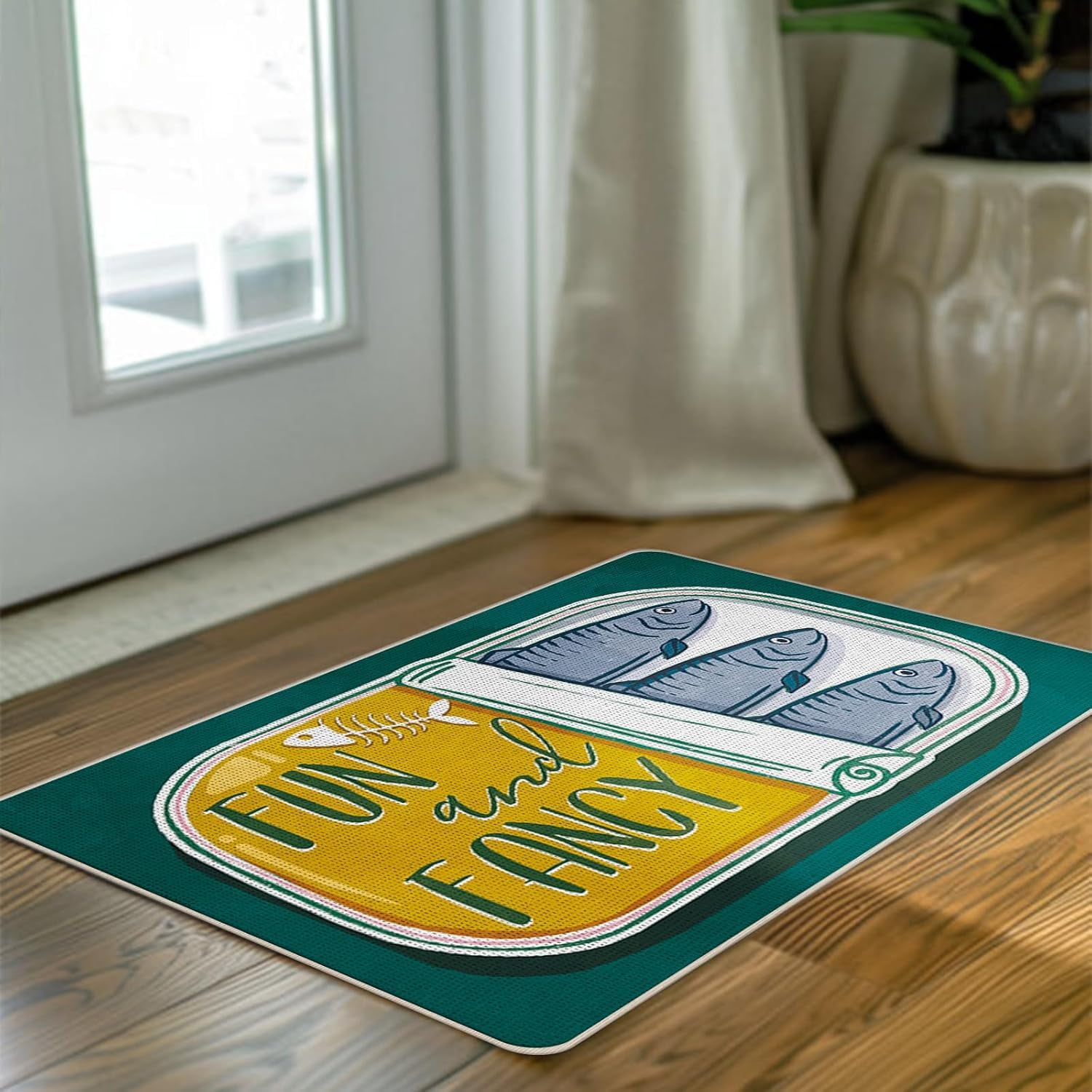 Sardines Can Welcome Front Door Mat, Fun and Fancy Beach Coastal Fish Decorative Doormat Non-Slip Floor Entryway Rug, Nautical Seafood Low Profile Indoor Outdoor Home Kitchen Decor 17x29 Inches