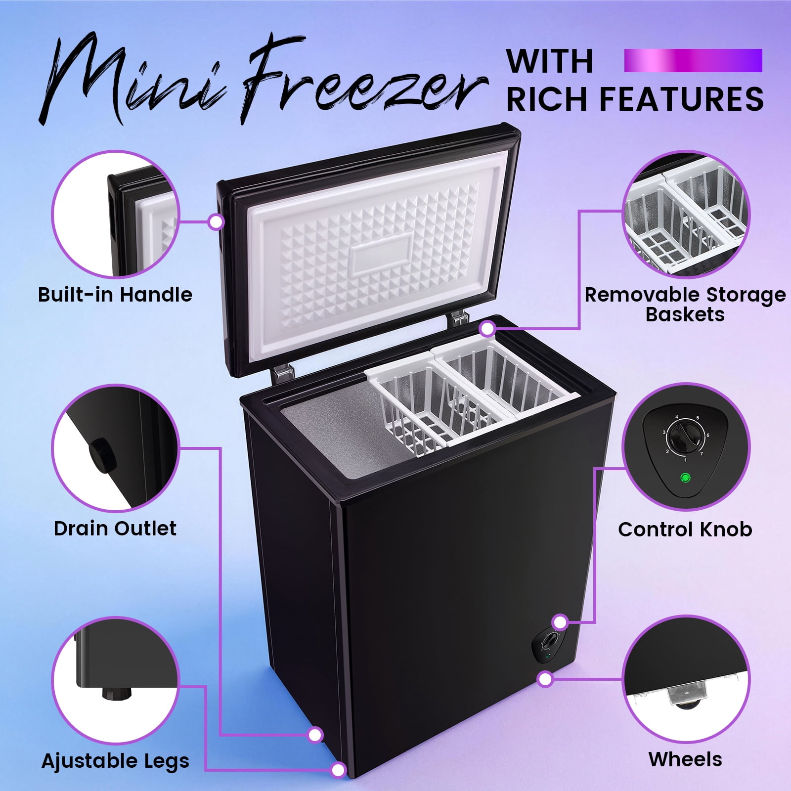 JIEJIA 4.5 cu.ft Compact Chest Freezer, Mini Freezer with Adjustable Temperature, 2 Removable Baskets, Top Open Door, Energy Saving, White