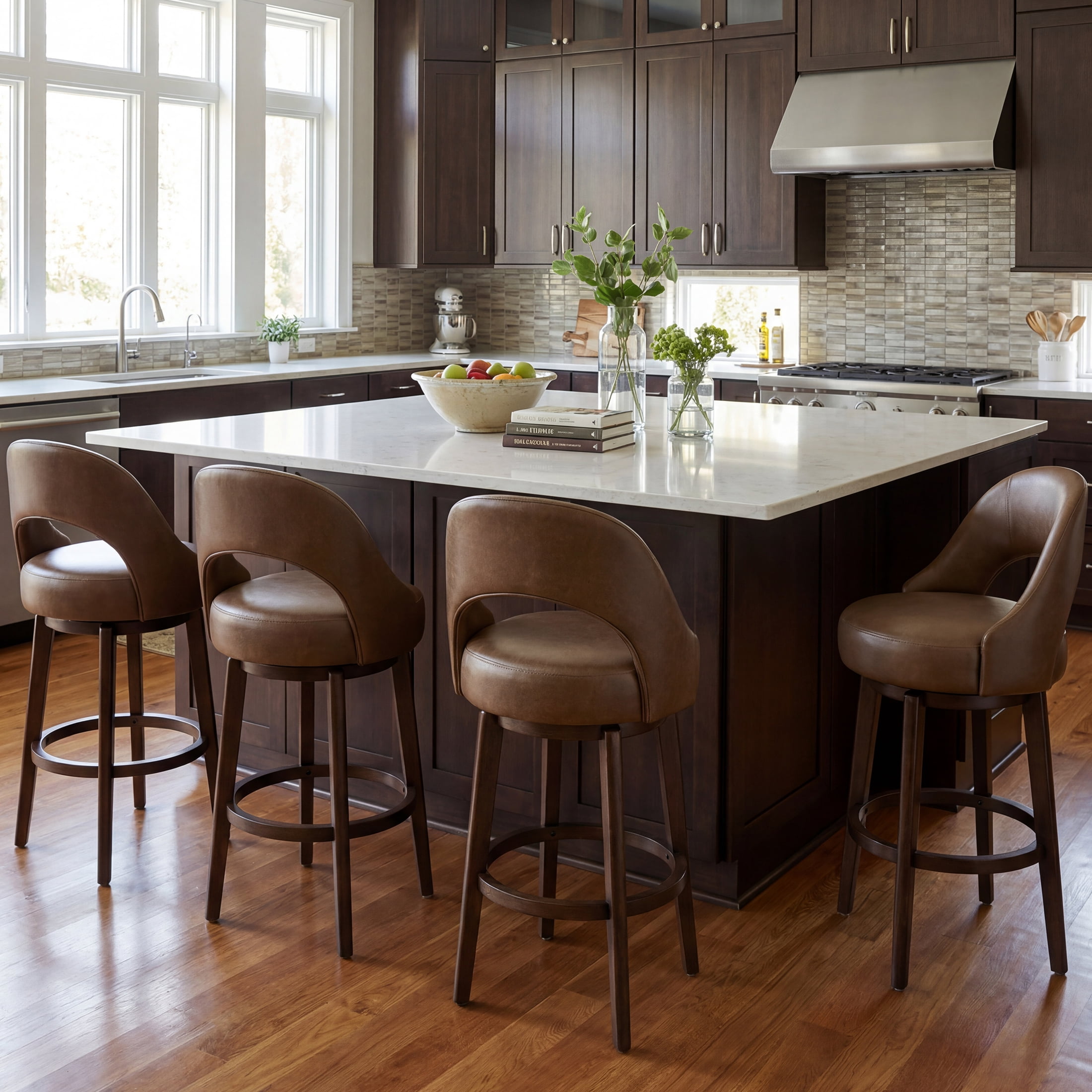 Guyou 30" Swivel Bar Stools Set of 6, Faux Leather Upholstered Barstools with Curved Back and Round Footrest, Modern Wooden Tall Kitchen Bar Chairs for Home Bar Pub Cafe, Brown