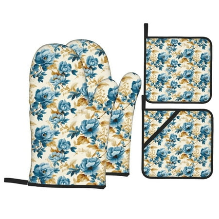 

Oven Mitts and Pot Holders Sets 4 pcs Vintage Blue Flowers Non-Slip Oven Gloves Potholders Soft Quilted Lining Heat Resistant Gloves Hot Pads for Kitchen Cooking Baking