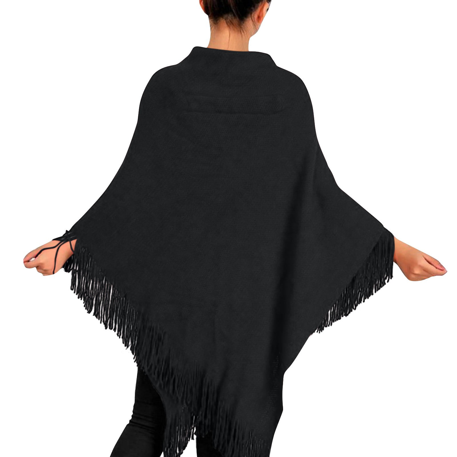 QWERTYU Women's Elegant Tassle Cape Knitted Button Up Poncho
