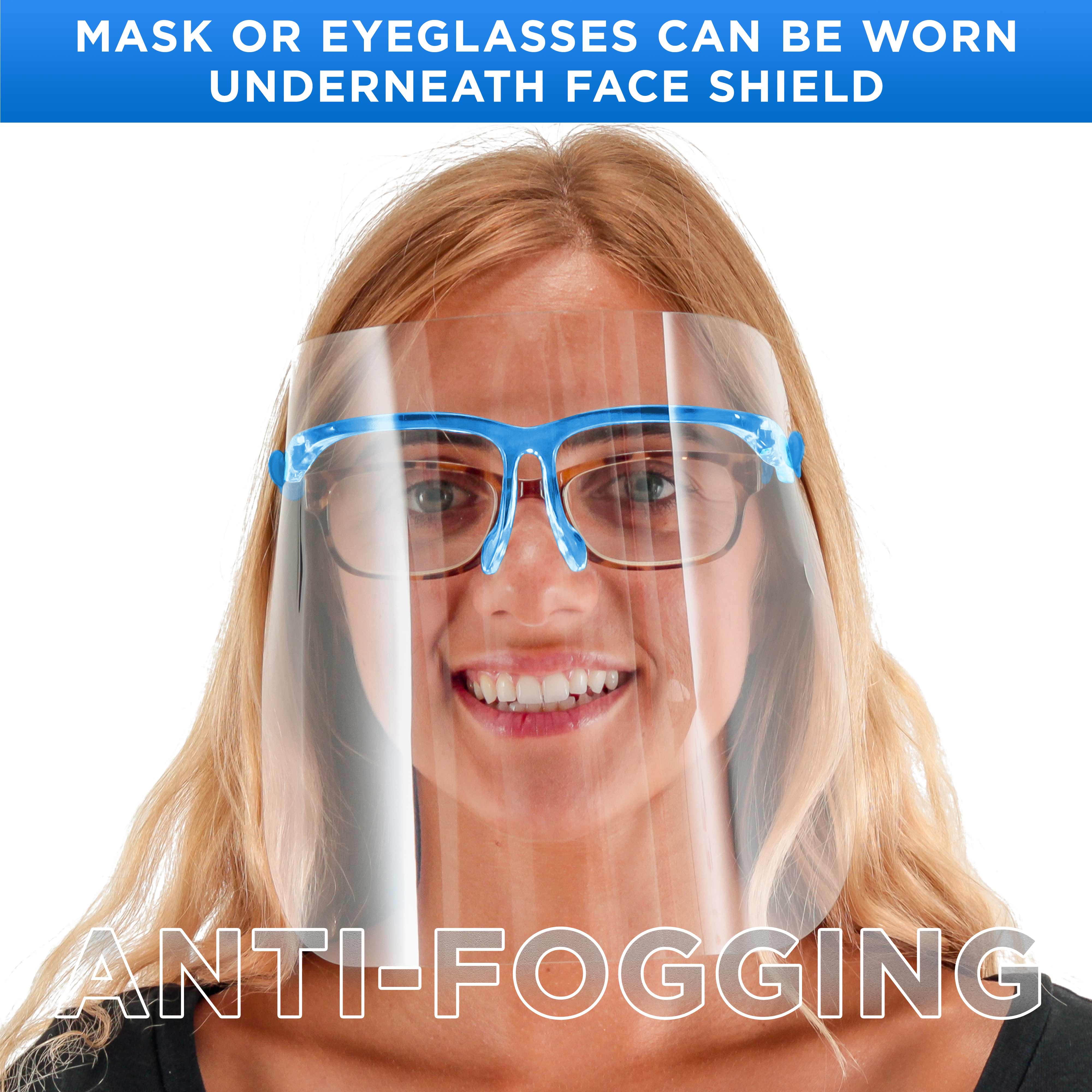 TCP Global Salon World Safety Face Shields with Blue Glasses Frames (Case of 200) - Ultra Clear Protective Full Face Shields to Protect Eyes, Nose, Mouth - Anti-Fog PET Plastic, Goggles