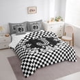 thumbnail image 3 of Manfei Initial J Letter Bedding Comforter Set 7 Pieces for Kids, Hippie Damask Floral Full Bedding Set, Black White Checkered Reversible Fitted Sheet Flat Sheet, Luxury Bedroom Decor, 3 of 7