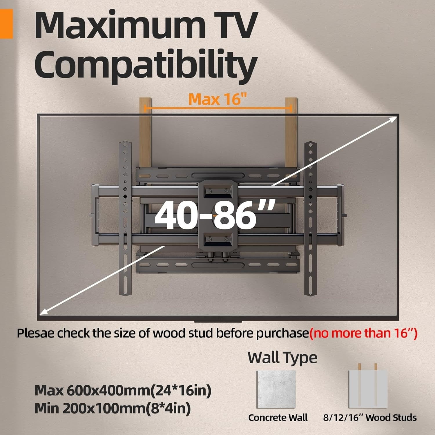 75 85 inch Full Motion TV Wall Mount for 40-86'' TV Mount, Heavy Duty Adjustable articulating Bracket Tilt Swivel Extension Level, 16" Studs, 132 lbs for 65 70 75+ TVs