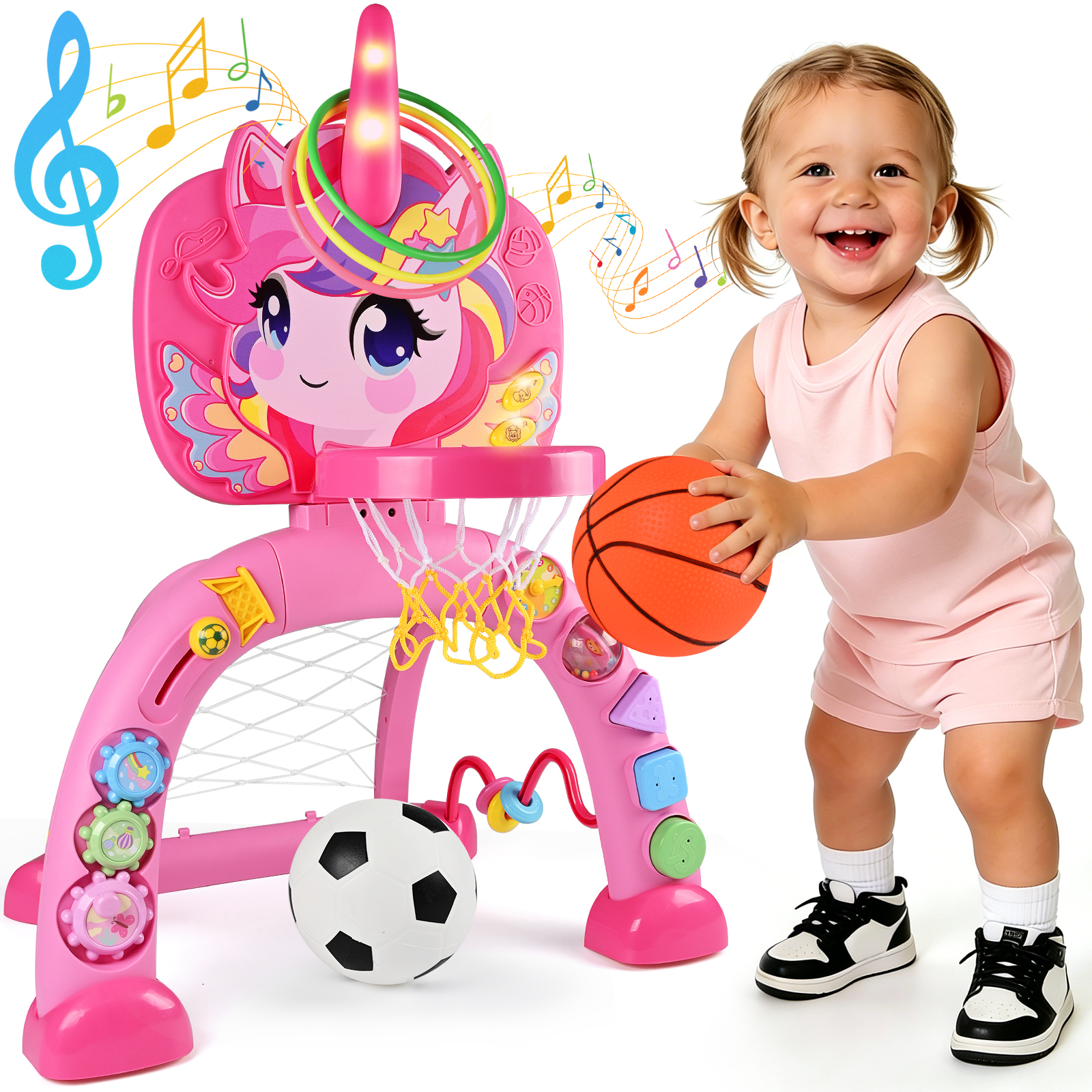 QIAHO Toddler Basketball Hoop & Soccer Goal, 3 in 1 Fantasy Baby Activity Center Toys with Ring Toss, 30+ Sound Music, Indoor & Outdoor Sport Toys Birthday Gifts for Girls Boys Ages 1-3