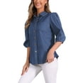 thumbnail image 4 of INSPIRE CHIC Denim Shirt for Women's 3/4 Puff Sleeve Collar Button Down Jean Shirts M Dark Blue, 4 of 5