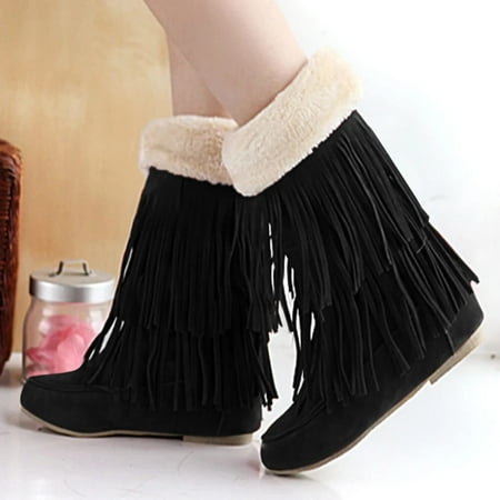 

Rollback Of The Day Juebong Womens Retro Wedges Solid Warm Tassels Boots Women Round Head Boots Shoes Black 5.5