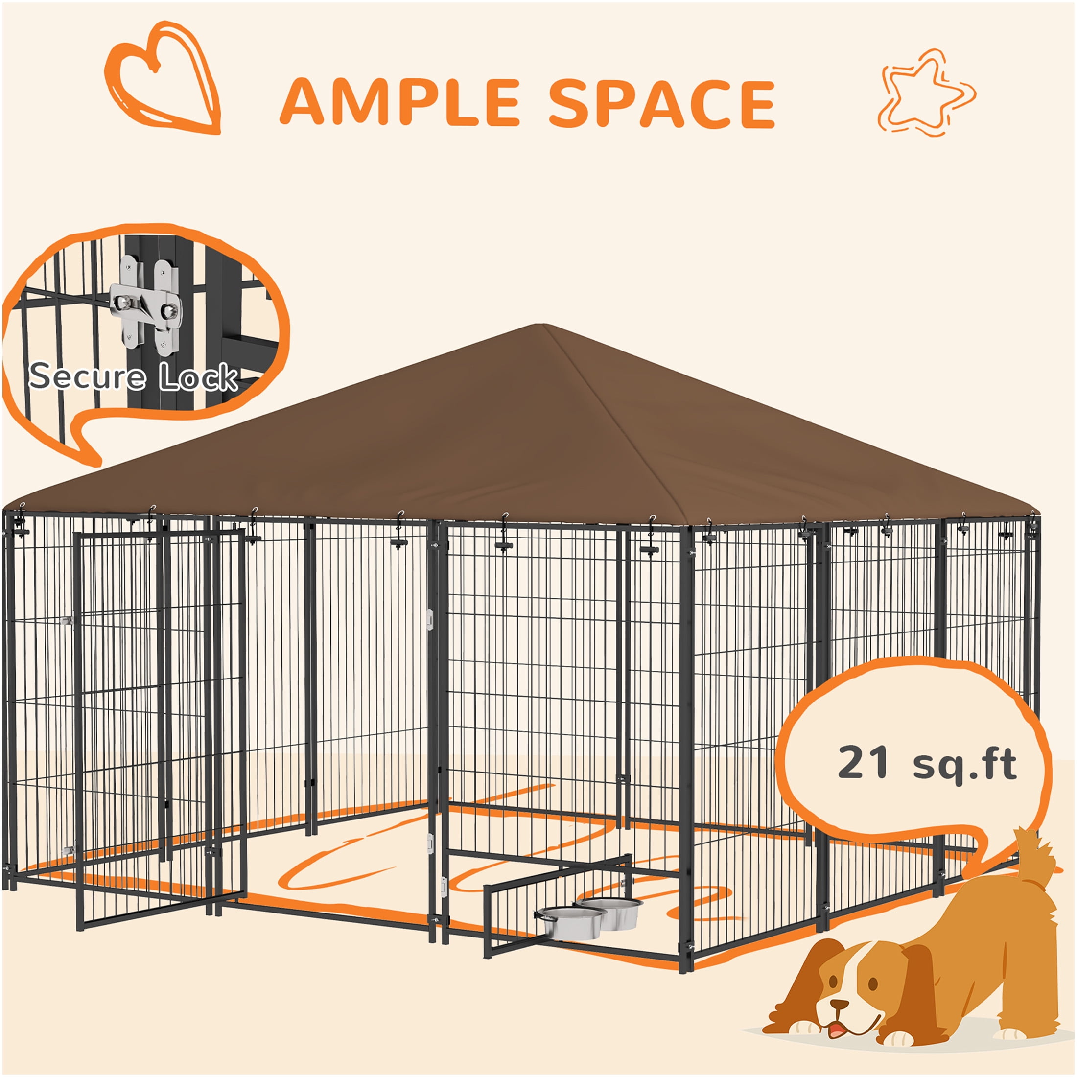 JERFIT 6.9' x 6.9' x 5' Outdoor Dog Kennel with Removable Canopy, Rotating Feeding Door, Weather-Resistant Metal Playpen for Large Dogs, Coffee Brown