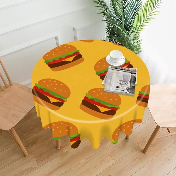 RKSupls 60 Inch Round Tablecloth, Cheeseburger Pattern Yellow Premium Polyester Straight Edge Wrinkle Resistant Washable Table Cover for Party Home Dining Decor