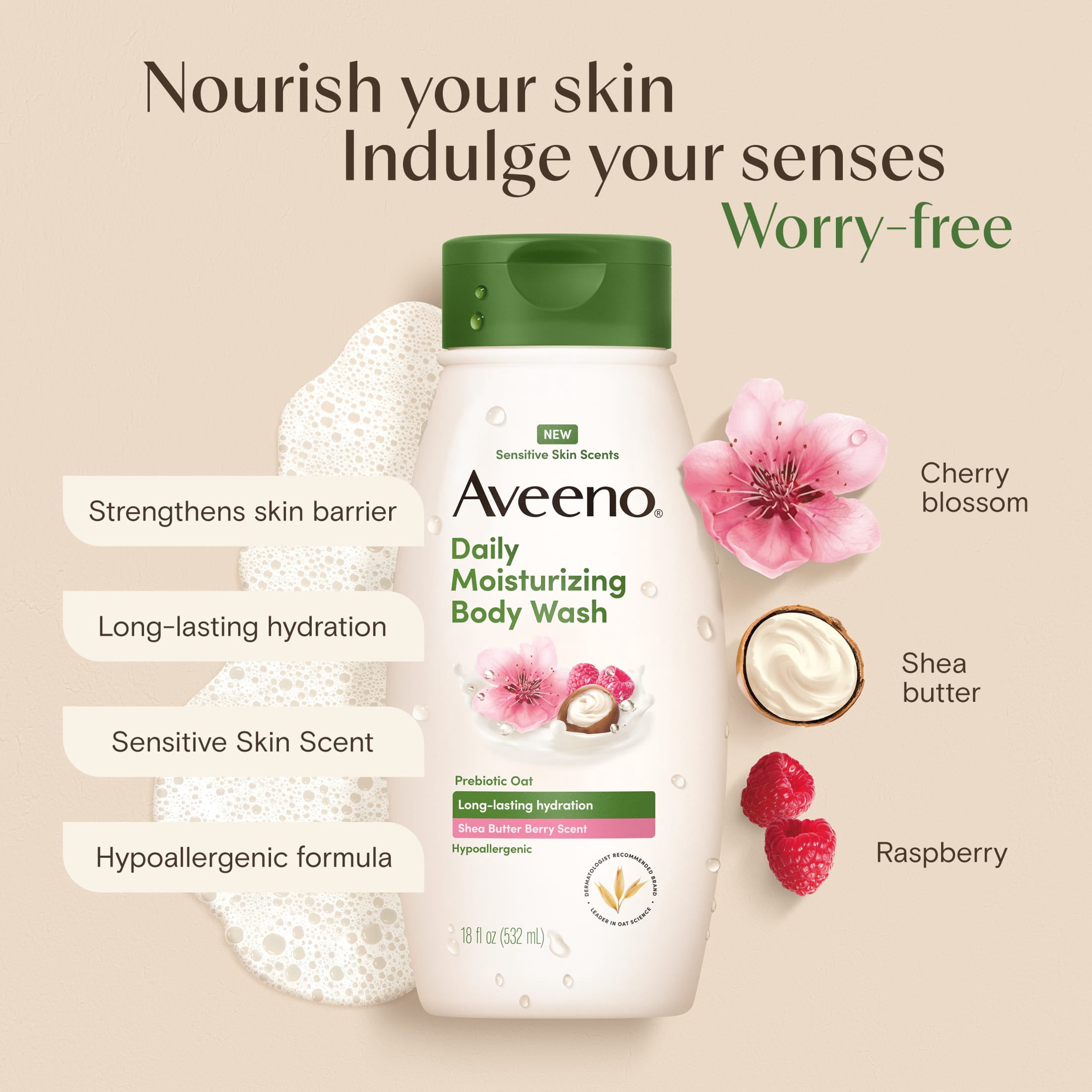 Aveeno Daily Moisturizing Body Wash, Shea Butter Berry Scent, 18 fl. oz