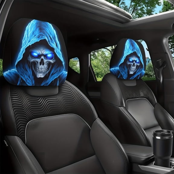 2 pcs Car Headrest Covers, Soft Polyester Fabric with Funny Print, Stretchy Seat Headrest Protector for Auto Interior Decoration – Blue Ghost Skull