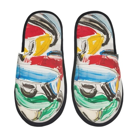 Balery Colorful Abstract Bumper Cars Slient Indoor Furry Fleece Comfort House Shoes Soft Non-Slip Home Shoes Cotton slippers House Slippers-- Large