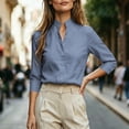 thumbnail image 5 of Enjoytime Shirts for Women Stand Collar V Neck Linen 3/4 Sleeve Tops Lightweight Business Casual Work Blouses, 5 of 7